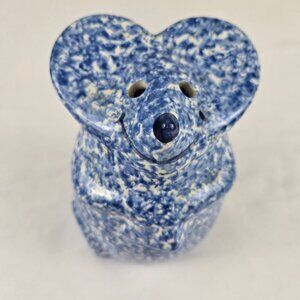 Blue and White Ceramic Smiling Mouse Figurine Heart Shaped Head Free Standing